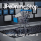 The logo for JPeOnline.Shop, an online store, displayed above a miniature shopping cart placed on a laptop keyboard. The tagline 'discover it, shop it, own it' reinforces the brand's message.